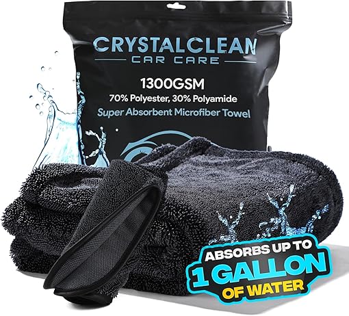 Crystal Clean 1300GSM Microfiber Towels – XL Drying Towel 2-Pack (Black and Grey)