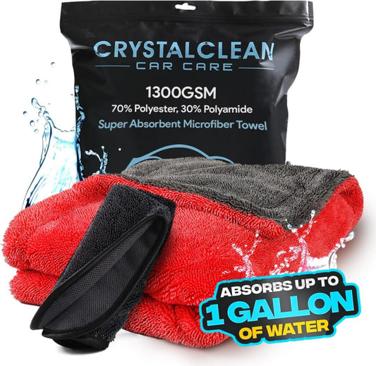 Crystal Clean 1300GSM Microfiber Towels – XL Drying Towel 2-Pack (Red and Grey)