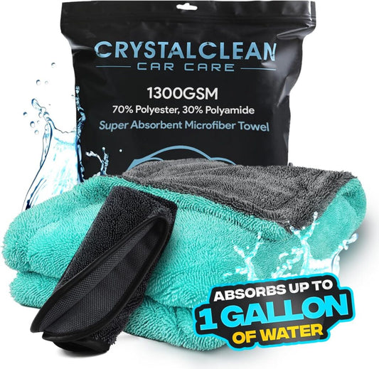 Crystal Clean 1300GSM Microfiber Towels – XL Drying Towel 2-Pack (Green and Grey)