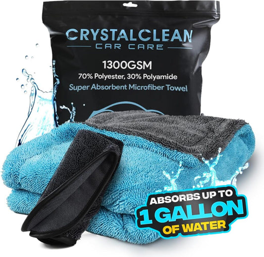 Crystal Clean 1300GSM Microfiber Towels – XL Drying Towel 2-Pack (Blue and Grey)